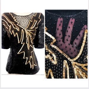 Vintage Beaded Sequin Silk Blouse Gold & Black Blouse Top a L